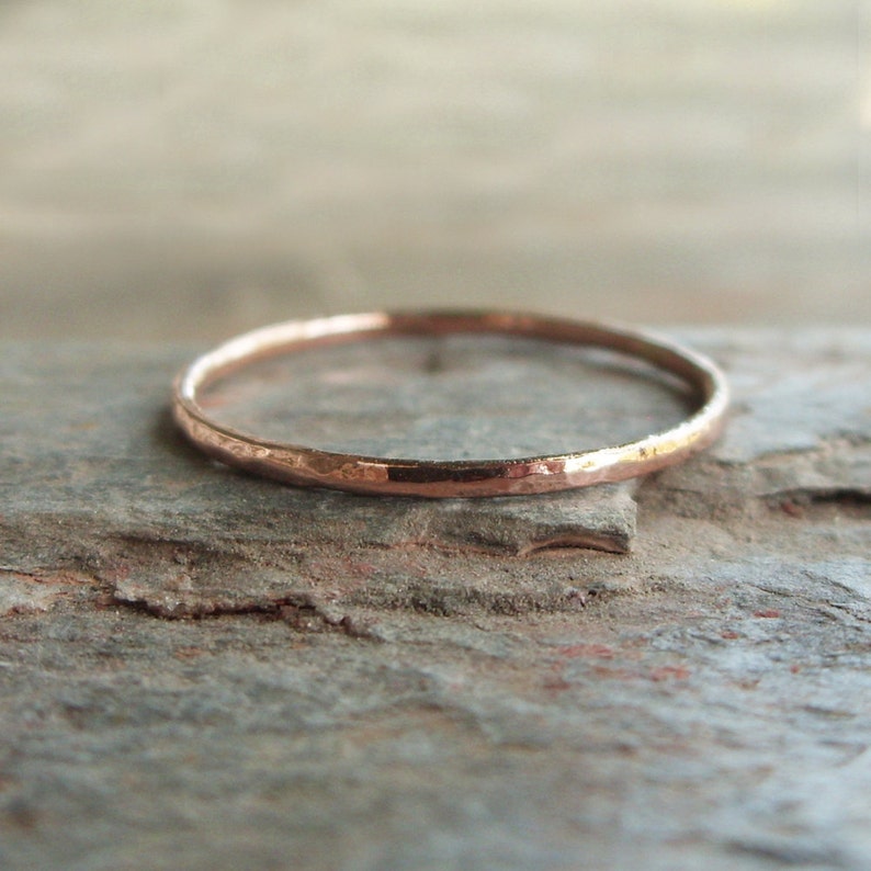 Tiny Solid 14k Rose Gold Stacking Ring in Choice of Finish Hammered, Brushed / Matte / Satin, or Smooth 1mm Full Round Gold Halo Ring image 1