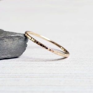 Tiny Solid 14k Gold Stacking Ring in Hammered, Matte, Notched, or Smooth Finish. 1mm Ring. Notched
