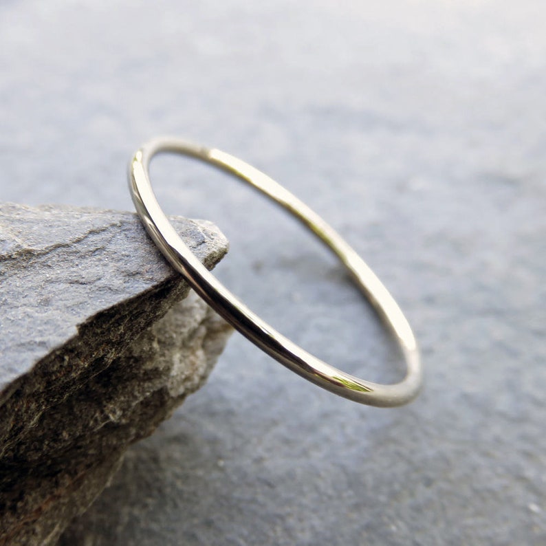 One Tiny Solid 14k White Gold Stacking Ring Hammered, Brushed / Matte / Satin, or Smooth 1mm Thin Full Round Gold Halo Ring High Polish