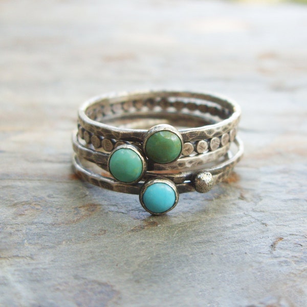 Tricolor Turquoise Stacking Rings in Antiqued Sterling Silver. Set of 5 Natural Stone Stacking Bands. Kingman Arizona Turquoise.