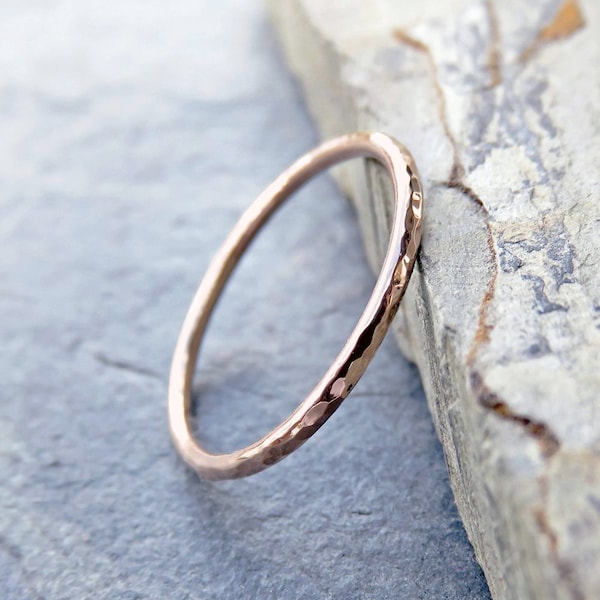 Thin 10k Rose Gold Wedding Band in Smooth, Hammered, or Matte Finish. 1.3mm Plain Band.