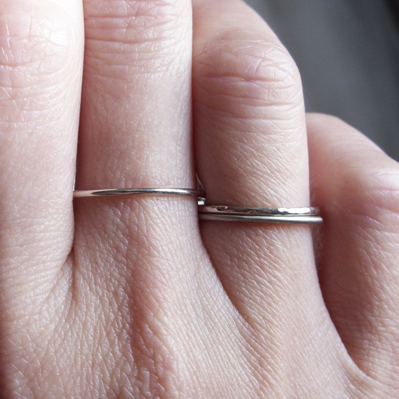 Tiny Solid 14k White Gold Stacking Ring. Hammered, Matte , or Smooth Finish. 1mm Thin Gold Band. image 4