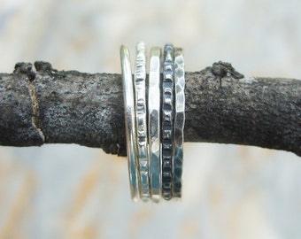 Single Thin Sterling Silver Stacking Ring - Mix and Match Choice of Texture / Finish - Hammered, Smooth, Notched - Antiqued, Blackened