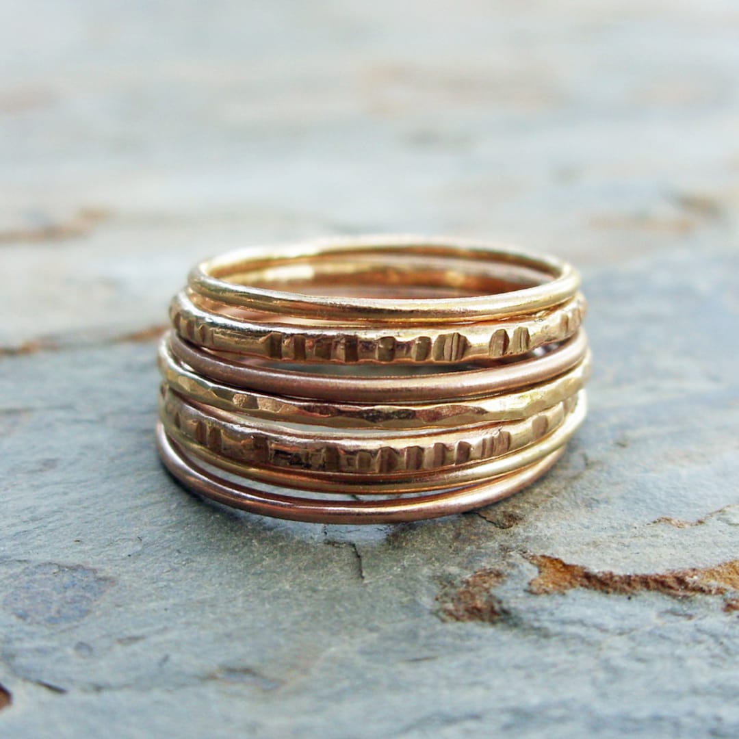 14k Gold Stacking Rings Set: Rose & Yellow Gold Textured Bands - Etsy
