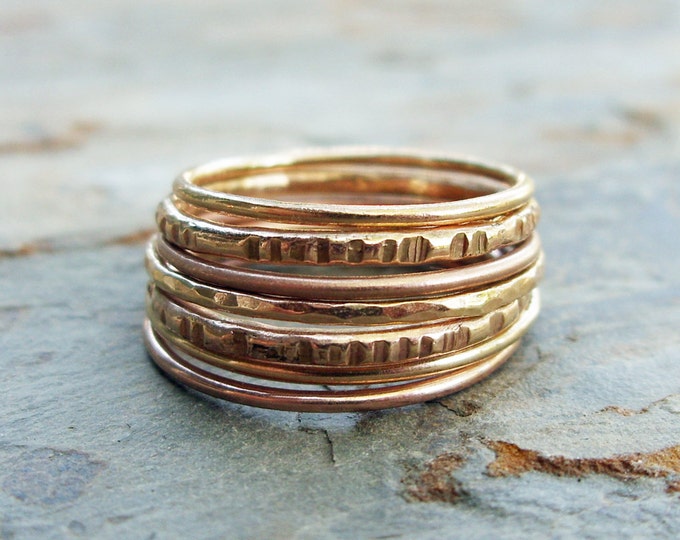 Stacking Wedding Rings Set, Seven Solid 14k Rose and Yellow Gold Stacking Rings in Mixed Textures - Textured Skinny Gold Stacking Bands