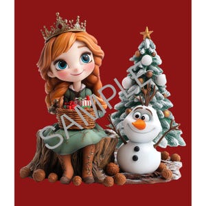 Puede incluir: Una mu&ntilde;eca de princesa pelirroja con una corona dorada y un vestido verde sostiene una cesta de regalos envueltos. Est&aacute; sentada en un toc&oacute;n de &aacute;rbol junto a un mu&ntilde;eco de nieve con una nariz de zanahoria y un &aacute;rbol de Navidad decorado con bolas blancas.