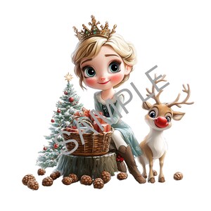 Puede incluir: Una ni&ntilde;a joven con cabello rubio que lleva un vestido azul y una corona dorada se sienta junto a un &aacute;rbol de Navidad y un reno. Ella sostiene una cesta de regalos envueltos.