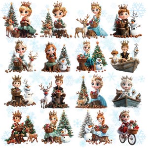 Puede incluir: Una colecci&oacute;n de 12 ilustraciones con tem&aacute;tica navide&ntilde;a que presentan personajes de dibujos animados, entre ellos una princesa, un pr&iacute;ncipe, un reno y un mu&ntilde;eco de nieve. Cada ilustraci&oacute;n presenta un personaje diferente y una escena navide&ntilde;a festiva.