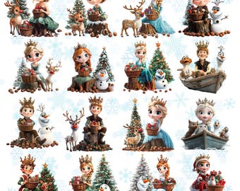 Frozen Christmas Bundle, T-shirt, Mug, DTF, Sublimation Design, 16 PNG Transparent Download Digital files, Elsa, Anna, Kristoff Xmas Clipart