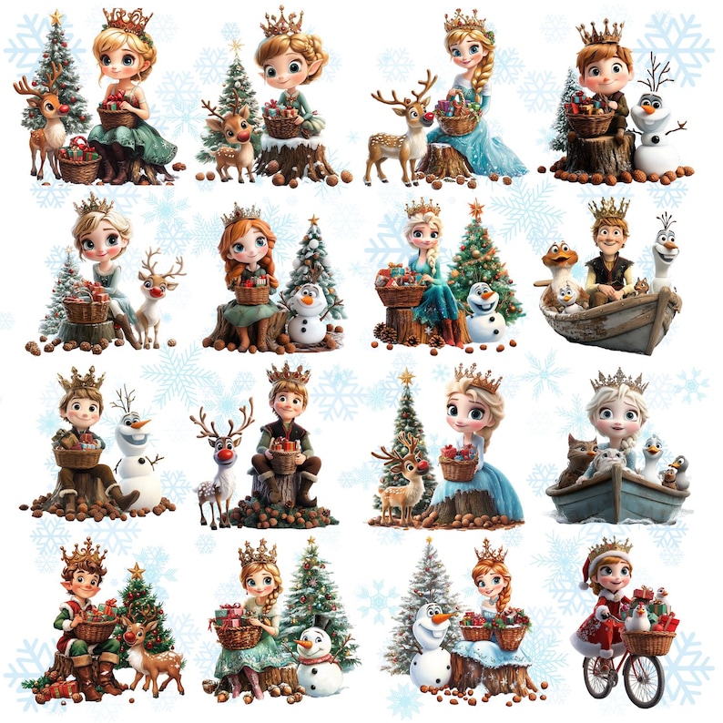 Puede incluir: Una colecci&oacute;n de 12 ilustraciones con tem&aacute;tica navide&ntilde;a que presentan personajes de dibujos animados, entre ellos una princesa, un pr&iacute;ncipe, un reno y un mu&ntilde;eco de nieve. Cada ilustraci&oacute;n presenta un personaje diferente y una escena navide&ntilde;a festiva.