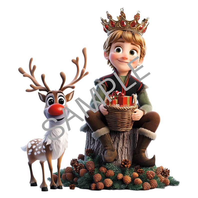 Puede incluir: Un ni&ntilde;o peque&ntilde;o con una corona dorada y una t&uacute;nica verde se sienta en un toc&oacute;n de &aacute;rbol sosteniendo una cesta de regalos envueltos. Un reno de nariz roja con manchas blancas se para a su lado. La escena est&aacute; decorada con pi&ntilde;as y vegetaci&oacute;n.