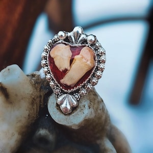 Puede incluir: Un colgante de plata en forma de corazón con un fondo de resina roja y dos fragmentos de hueso blanco en su interior.