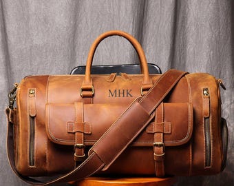 LTD005 Personalized Mens Travel Bag, Full Grain Leather Duffel Bag, Monogrammed Duffle Bag, Weekend Luggage Bag,Unique Christmas Gifts