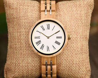 Relógio de madeira feminino W216 | Relógio gravado para mulheres | Presente personalizado para mãe, esposa, irmã | Relógio de pulso feminino ecológico | Presente para mãe