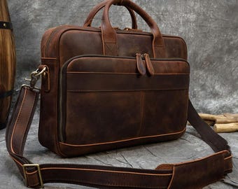 LLP001 Personalized Full Grain Leather Briefcase bag | Leather Laptop bag | Satchel Messenger Bag | Office Bag Travel bag