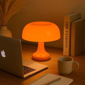 Lámpara de hongo naranja / Luz nocturna LED retro / Lámpara de mesa moderna de mediados de siglo / Decoración de dormitorio vintage / Iluminación ambiental estética
