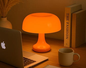 Orange Mushroom Lamp | Retro LED Night Light | Mid Century Modern Table Lamp | Vintage Bedroom Decor | Aesthetic Mood Lighting