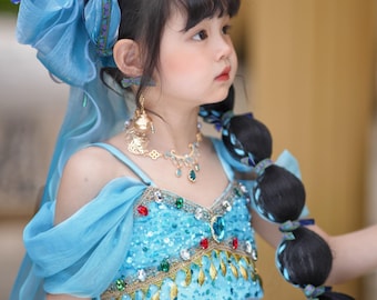 Conjunto de disfraz de lujo de la princesa Jasmine de Disney en azul – ¡Edición limitada hecha a mano!