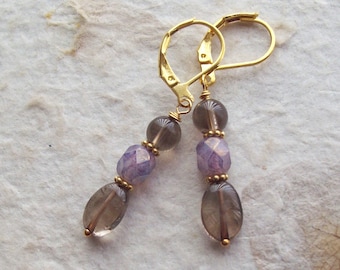 Affinity – Natural oval Smokey Quartz earrings with faceted purple smoked Czech opal glass beads and gold