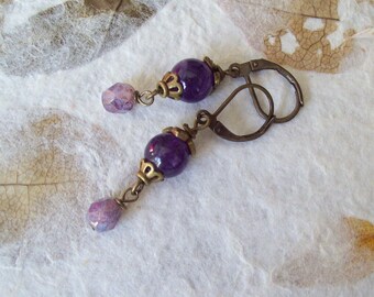 Amethyst Earrings - CRYSALLIS – Genuine Amethyst drop earrings with light smoky Purple Czech Opal glass beads
