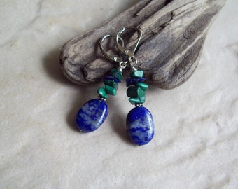 Deep Blue Sea – Lapis Lazuli Oval dangle earrings with Malachite chips and silver