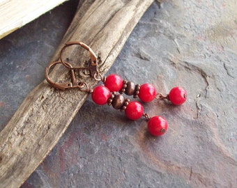 TAMALE – Hot Red Coral beaded dangle earrings with copper and wood