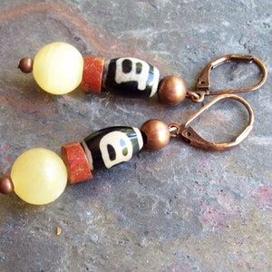 SWEET SPIRIT Golden Earrings Honey Calcite with Tibetan Agate and African Bauxite Trade Beads-Jewelry Earrings image 1