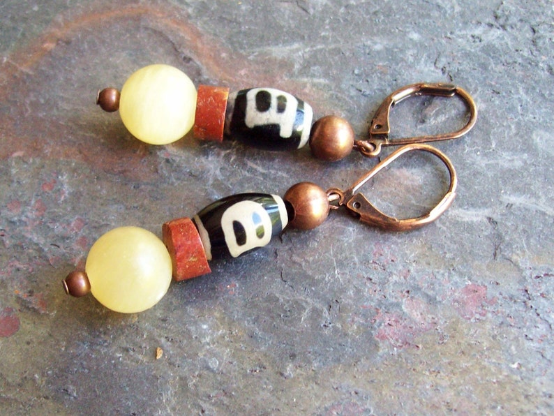 SWEET SPIRIT Golden Earrings Honey Calcite with Tibetan Agate and African Bauxite Trade Beads-Jewelry Earrings image 1