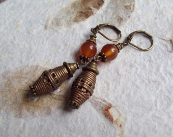 Sheba African Sandcast Brass rice bead dangles earrings with Carnelian