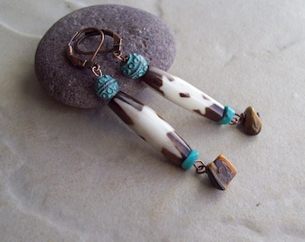 ASHANTI – African Batik bone cylindrical earrings with Natural Turquoise, Tigers Eye dangles, Copper verde gris beads #earrings #tigerseye