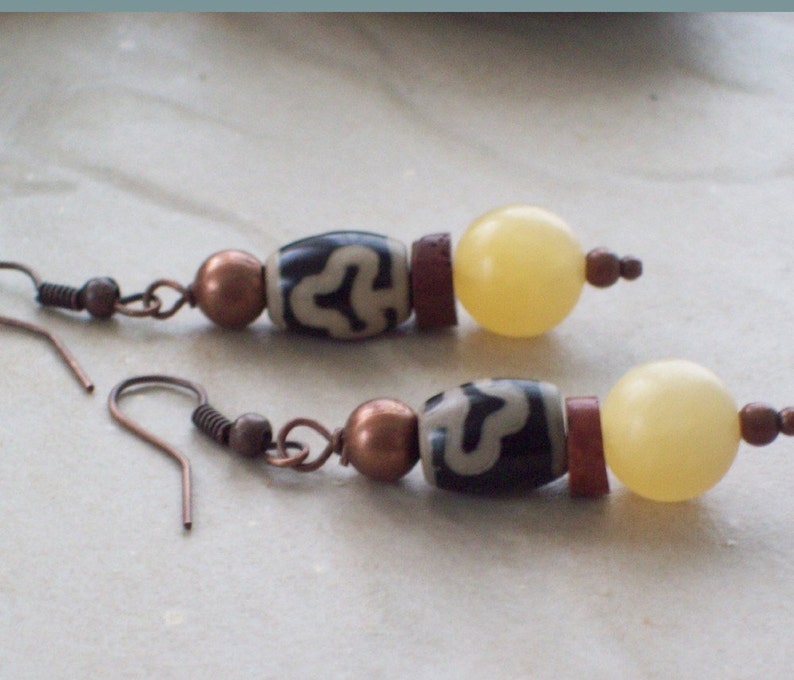 SWEET SPIRIT Golden Earrings Honey Calcite with Tibetan Agate and African Bauxite Trade Beads-Jewelry Earrings image 7