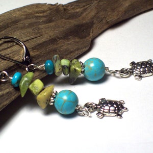 Turquoise Dangle Boho Earrings with Turtle Charms and Olive Jade