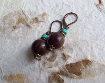 Ebony – Natural Ebony wood beaded earrings with Blue Turquoise and African brass beads