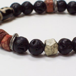 Lava Black Bracelet for Him with Tibetan Agate, Bauxite Trade Beads, Iron Pyrite-Bracelet mensjewelry formen fathersdaygifts energy image 2