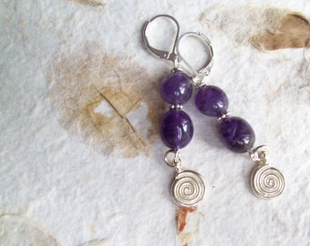 Bordeaux Genuine Amethyst natural stone nugget beaded earrings with silver plated swirl dangles