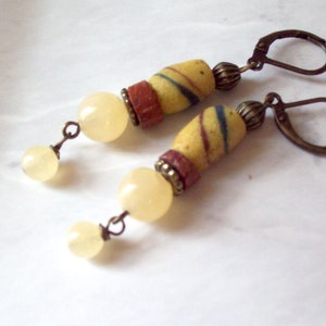 Earrings - Yellow UJIMA – African Yellow Glass Trade bead earrings with Honey Calcite and African Bauxite stone beads