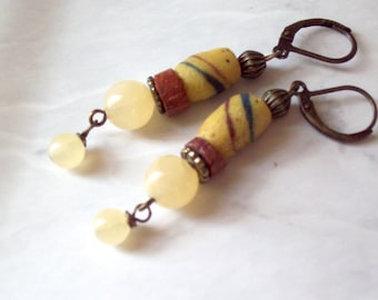 Earrings - Yellow UJIMA – African Yellow Glass Trade bead earrings with Honey Calcite and African Bauxite stone beads