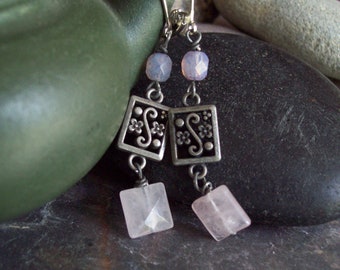 ARABESQUE – Square Rose Quartz earrings with Scrolled Floral gunmetal link and Lavender Picasso Czech glass faceted beads