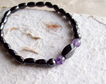 HEMATHYST Beaded Bracelet -Meditation Hematite beaded stretch bracelet with Amethyst beads