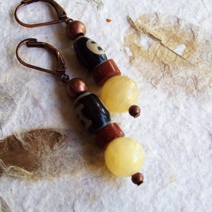 SWEET SPIRIT Golden Earrings Honey Calcite with Tibetan Agate and African Bauxite Trade Beads-Jewelry Earrings image 2