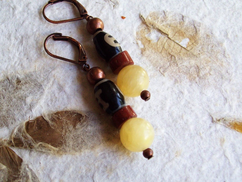 SWEET SPIRIT Golden Earrings Honey Calcite with Tibetan Agate and African Bauxite Trade Beads-Jewelry Earrings image 2