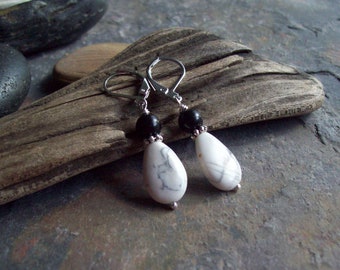 For Joy –Black and White earrings Magnesite Teardrop earrings with Black Onyx and Silver