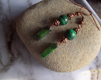 VERILY – Natural Green Malachite dangle earrings with copper beads Free Shipping, Gift Wrapped