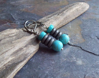 Neo- Tech style modern Turquoise and Magnesite earrings with Gunmetal stacked cylinders