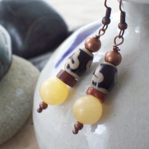 SWEET SPIRIT Golden Earrings Honey Calcite with Tibetan Agate and African Bauxite Trade Beads-Jewelry Earrings image 5