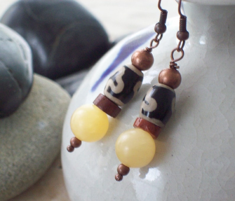 SWEET SPIRIT Golden Earrings Honey Calcite with Tibetan Agate and African Bauxite Trade Beads-Jewelry Earrings image 5