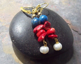 Allegiance  July 4th Red Coral beaded earrings with Freshwater Pearl and Lapis Lazuli with gold