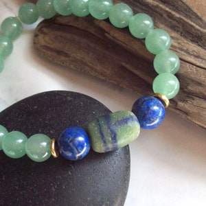 Bracelet - ADVENTURE – Natural Green Aventurine and Lapis Lazuli stone bracelet with a handmade African Sandcast and brass Trade bead