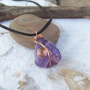PURPLE AMETHYST PENDANT- Minimalist Natural Amethyst pendant is wire wrapped with copper