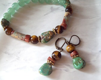 FAITH Bracelet and Earrings Set is Natural Green Turquoise, Colorful Agate, Tigers Eye and African Bauxite trade beads with brass